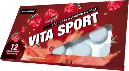 Комплекс витаминов с янтарной кислотой Vita Sport, вкус «Земляника», 12 жевательных таблеток, IRONMAN