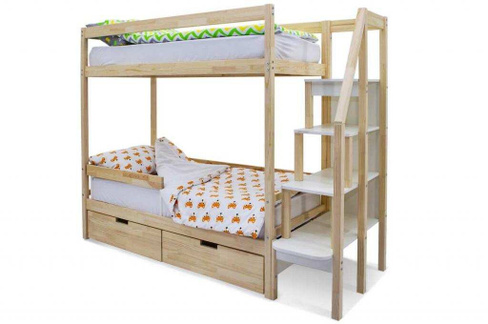 Детская двухярусная кровать Бельмарко Svogen натура с бортиком и ящиками Детская двухярусная кровать Бельмарко Svogen на