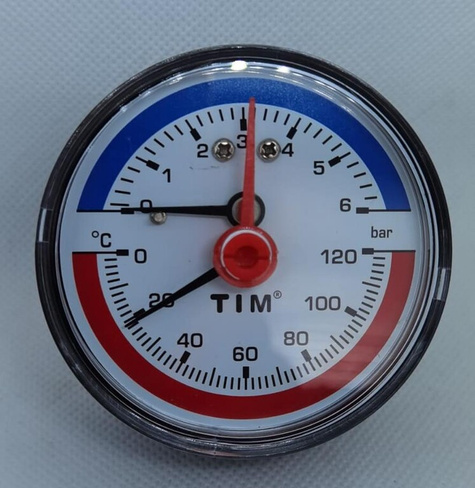 Термоманометр аксиальный 63мм на 6 бар "(0℃ - 120℃) Y-63T-6