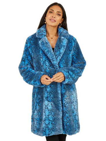 Пальто из искусственного меха со змеиным принтом Yumi, синий