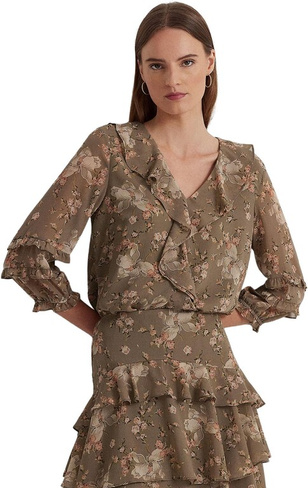 Блузка из жоржета с цветочным принтом и оборками LAUREN Ralph Lauren, цвет Taupe/Cream/Pink
