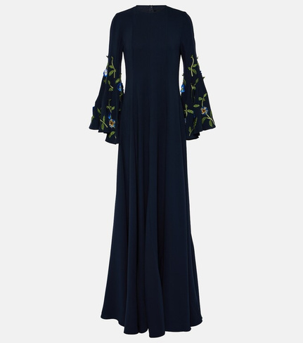 Платье из смесового шелка с вышивкой Oscar De La Renta, синий