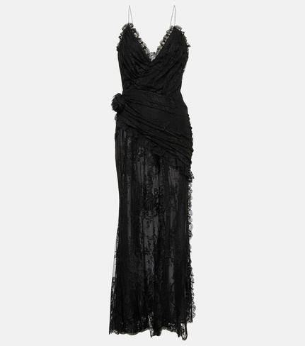 Платье макси из кружева с цветочной аппликацией Alessandra Rich, черный