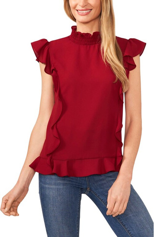 Блузка без рукавов с воротником с оборками CeCe, цвет Mulberry Red