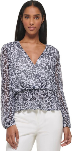Блузка с длинными рукавами и цветочным принтом, V-образным вырезом Tommy Hilfiger, цвет Ivory/Midnight