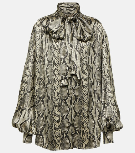 Шелковая блузка со змеиным принтом и завязками Balmain, серый