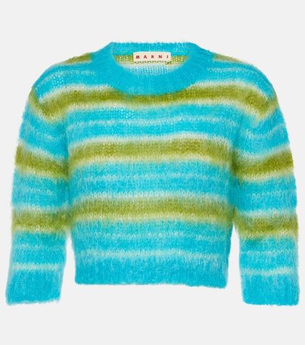 Укороченный свитер в полоску из смесового мохера Marni, синий