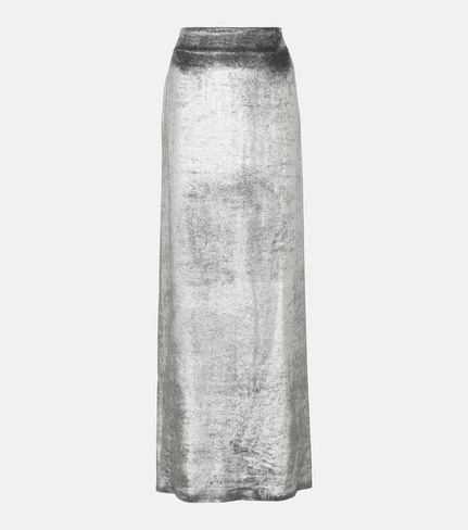 Бархатная юбка макси с высокой посадкой Brunello Cucinelli, серебро