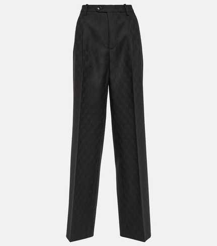 Прямые брюки из шерсти с жаккардовым узором gg и высокой посадкой Gucci, черный