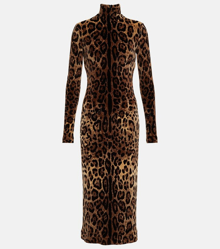 Жаккардовое платье макси с леопардовым принтом Dolce&Gabbana, коричневый