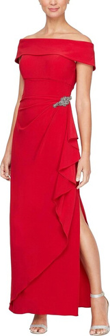 Длинное матовое трикотажное платье с открытыми плечами и украшением на бедрах Alex Evenings, красный