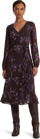 Платье из жатого жоржета с цветочным принтом и поясом LAUREN Ralph Lauren, цвет Brown/Purple/Multi