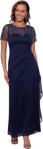 Платье Long Sheer Matte Jersey Side Ruched Bead Flutter Sleeve XSCAPE, темно-синий