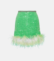 Мини-юбка букле с отделкой перьями и пайетками Self-Portrait, зеленый