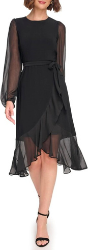 Платье Jersey Midi with Chiffon Sleeve and Ruffle Hem Tommy Hilfiger, черный