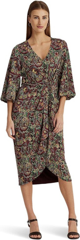 Платье миди из джерси Petite с завязкой спереди и цветочным принтом LAUREN Ralph Lauren, цвет Burgundy Multi