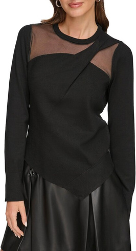 Свитер с длинными рукавами и асимметричным подолом с прозрачными рукавами DKNY, черный