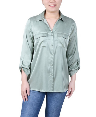 Женская атласная блузка с рукавами 3/4 и язычком на подкладке NY Collection, зеленый