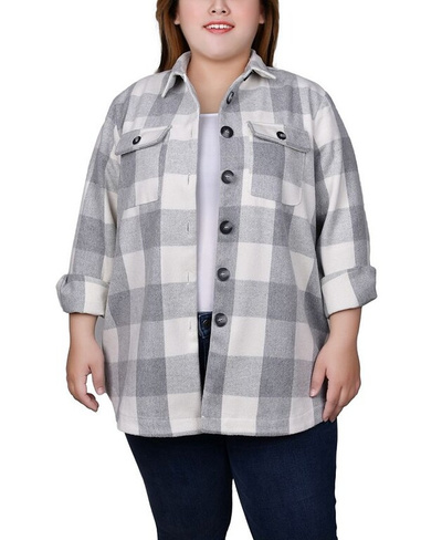 Саржевая куртка-рубашка больших размеров с длинными рукавами NY Collection, цвет Gray White Plaid