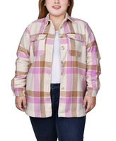Саржевая куртка-рубашка больших размеров с длинными рукавами NY Collection, цвет Pink White Plaid