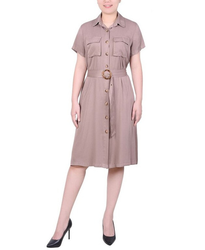 Миниатюрное платье в практичном стиле с короткими рукавами и поясом NY Collection, розовый