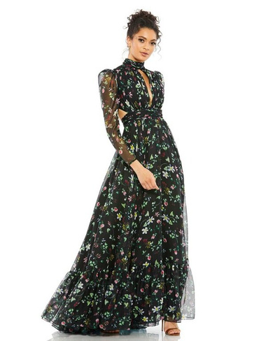 Женское платье с цветочным принтом и высоким воротником на шнуровке Mac Duggal, черный