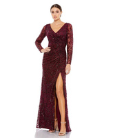 Женское платье с длинными рукавами, рюшами и блестками, V-образным вырезом Mac Duggal, красный