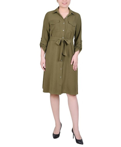 Платье-рубашка Petite с длинными рукавами-роллерами NY Collection, зеленый