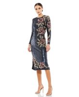 Женское платье миди с асимметричным цветочным принтом и пайетками, длинными рукавами Mac Duggal, синий