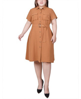 Платье-рубашка больших размеров с короткими рукавами и поясом NY Collection, коричневый