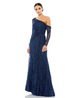 Женское драпированное кружевное платье с заниженными плечами, инкрустированное драгоценными камнями Mac Duggal, синий