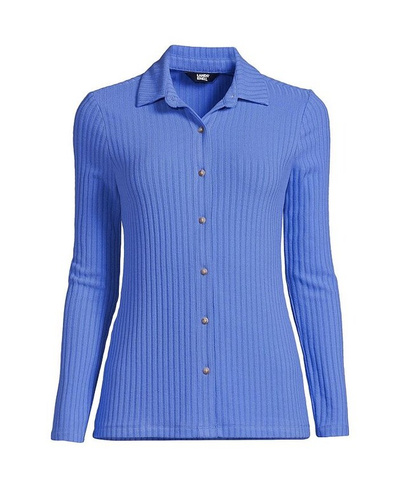 Женская рубашка поло с длинными рукавами и широкими пуговицами в рубчик спереди Lands' End, синий