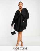 Черное атласное мини-платье с крыльями летучей мыши, косой юбкой и завязками на спине ASOS DESIGN Curve