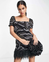 Miss selfridge Черное мини-платье премиум-класса с животным принтом и отделкой из искусственных перьев — ЧЕРНЫЙ