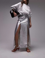Серебристая виниловая юбка миди с двойным разрезом Topshop