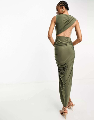 Платье миди с драпировкой и невидимой сеткой цвета хаки ASOS DESIGN Tall
