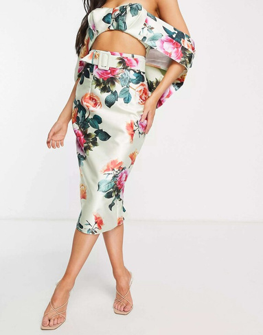 Координатная атласная юбка-карандаш миди с цветочным принтом ASOS LUXE