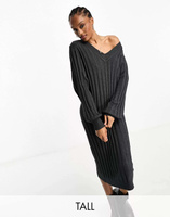 Темно-серое вязаное платье-джемпер в рубчик с v-образным вырезом Object Tall