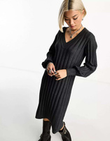 Темно-серое вязаное платье-джемпер в рубчик с v-образным вырезом Object