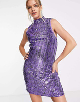 Пурпурное мини-платье с высоким воротником и плиссированными пайетками ASOS