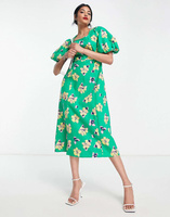 Платье миди Vero Moda большого размера с зеленым цветочным принтом