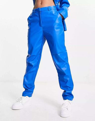 Синие брюки из искусственной кожи с завышенной талией Pieces
