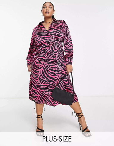 Атласное платье миди Vila ярко-розового цвета с животным принтом