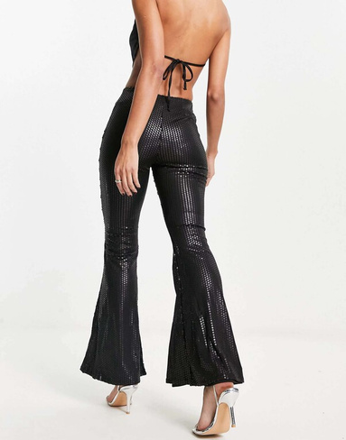 Гламурные брюки-клеш с завышенной талией черного матового цвета с пайетками Glamorous