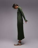 Зеленое трикотажное платье макси в рубчик с воротником-воронкой Topshop