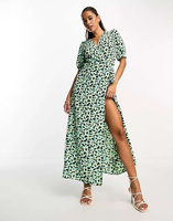 Платье макси с запахом Vila зеленого цвета с цветочным принтом