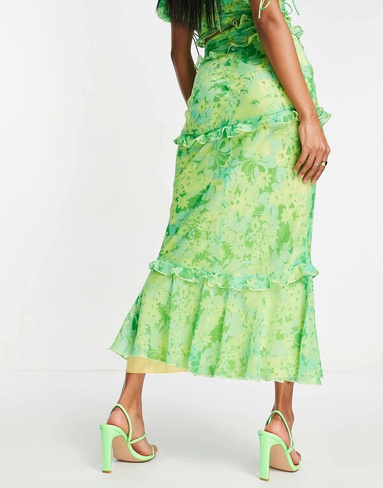 Координатная юбка миди с рюшами и пуговицами ASOS зеленого цветочного принта