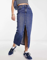 Темно-синяя джинсовая макси-юбка с разрезом спереди New Look