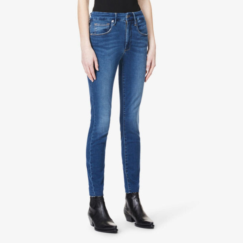 Укороченные джинсы скинни Good Waist из эластичного денима с высокой посадкой и необработанным краем Good American, сини