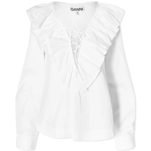 Блуза Ganni Cotton Poplin Ruffle V-neck, белый